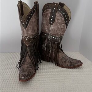 WOMENS J.B. Dillon leather fringe brown cowboy boots SZ 9